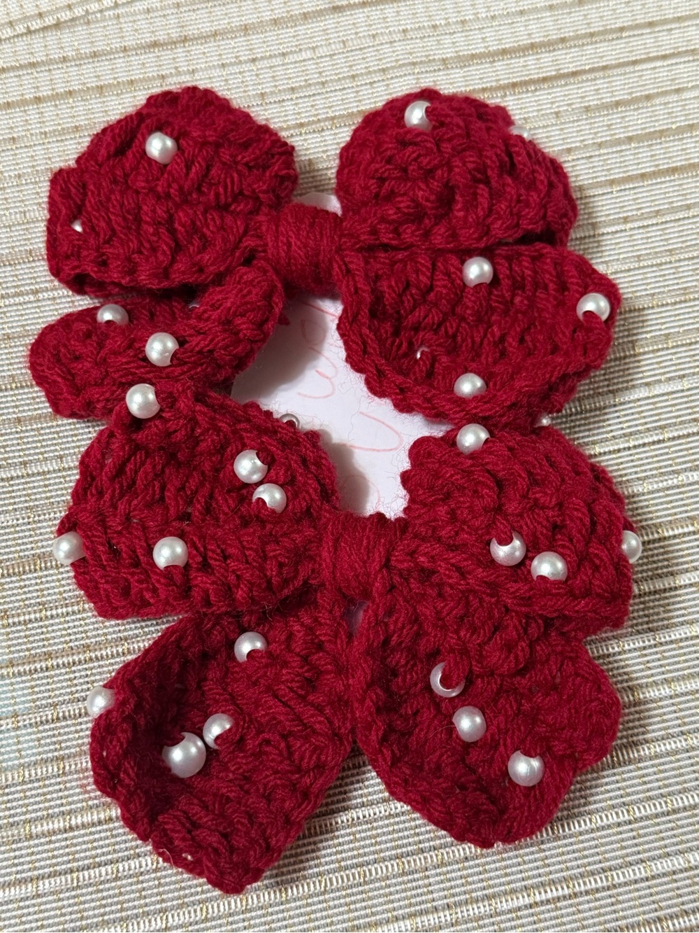 Red Crochet Bow Bracelet with Pearl Accents